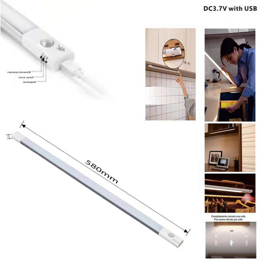 BARRE LED CUISINE BLANC FROID DÉTECTEUR DE MOUVEMENT SOUS-MEUBLE RECHARGEABLE 58CM