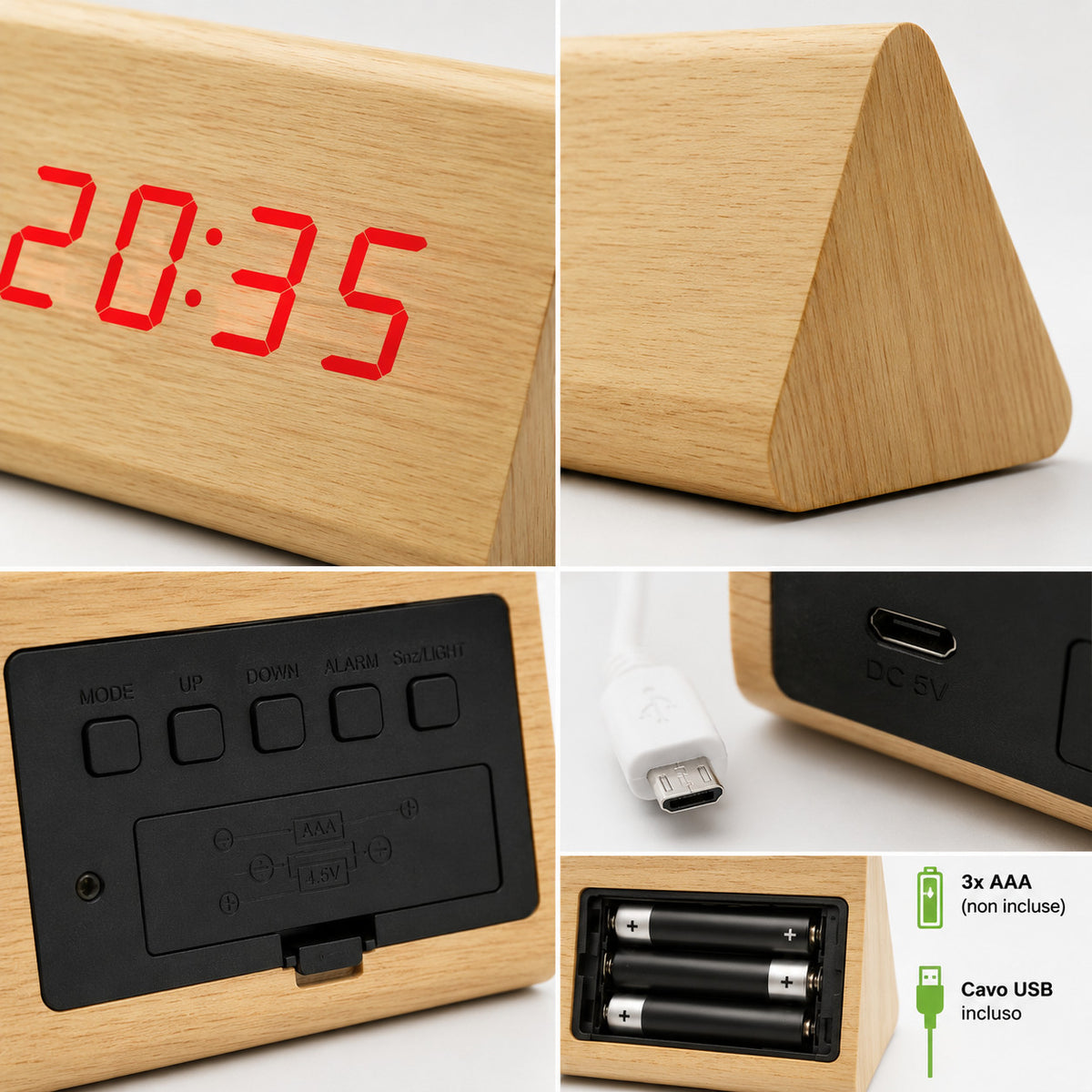 SVEGLIA OROLOGIO DIGITALE LED EFFETTO LEGNO SUONO ALLARME TEMPERATURA DATA 04905