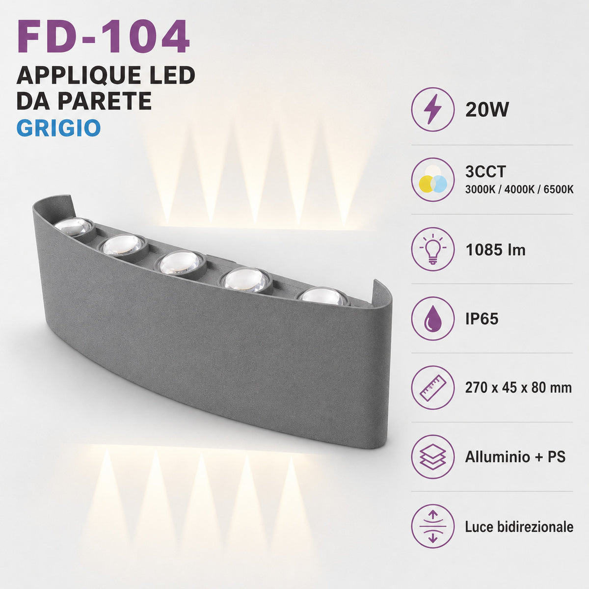 APPLIQUE LED 20W ESTERNO LAMPADA PARETE GRIGIA IP65 3000K 4000K 6000K ET-31680