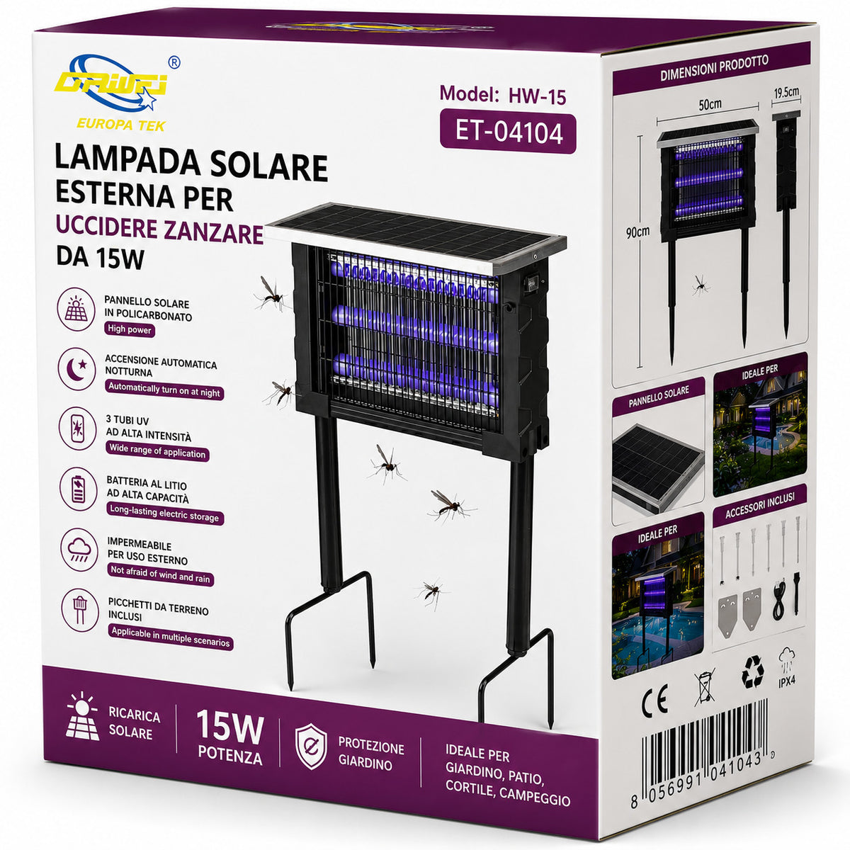 LAMPADA SOLARE ANTIZANZARE 15W UV ESTERNO UCCIDI INSETTI RICARICABILE IP65 04104