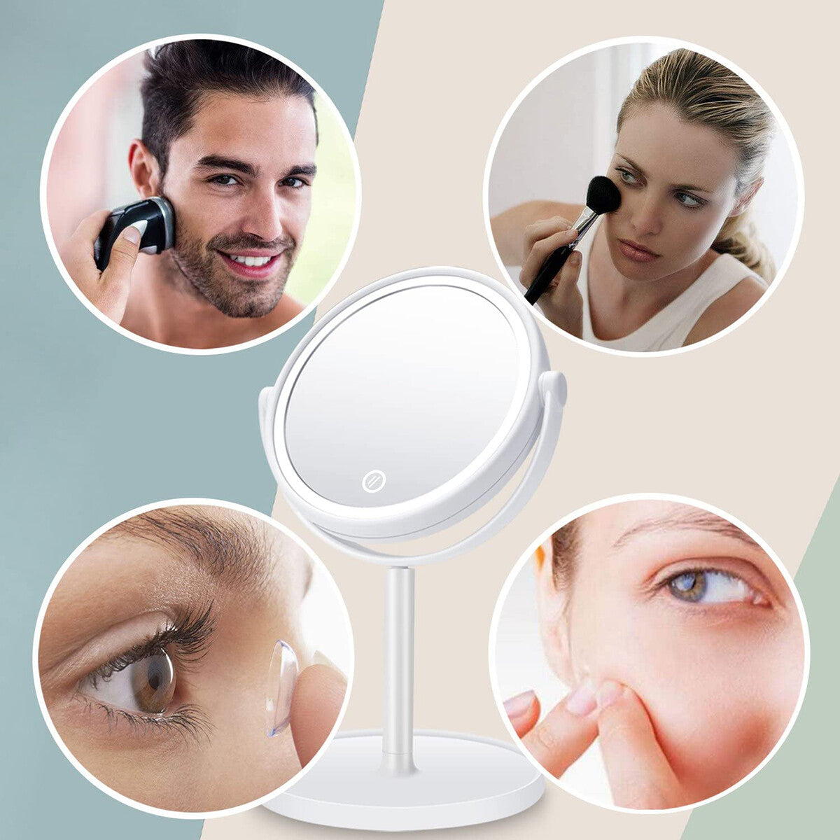 SPECCHIO TRUCCO LUCE 21 LED BASE GIREVOLE USB MAKE UP ILLUMINATO TOUCH TE-B0252
