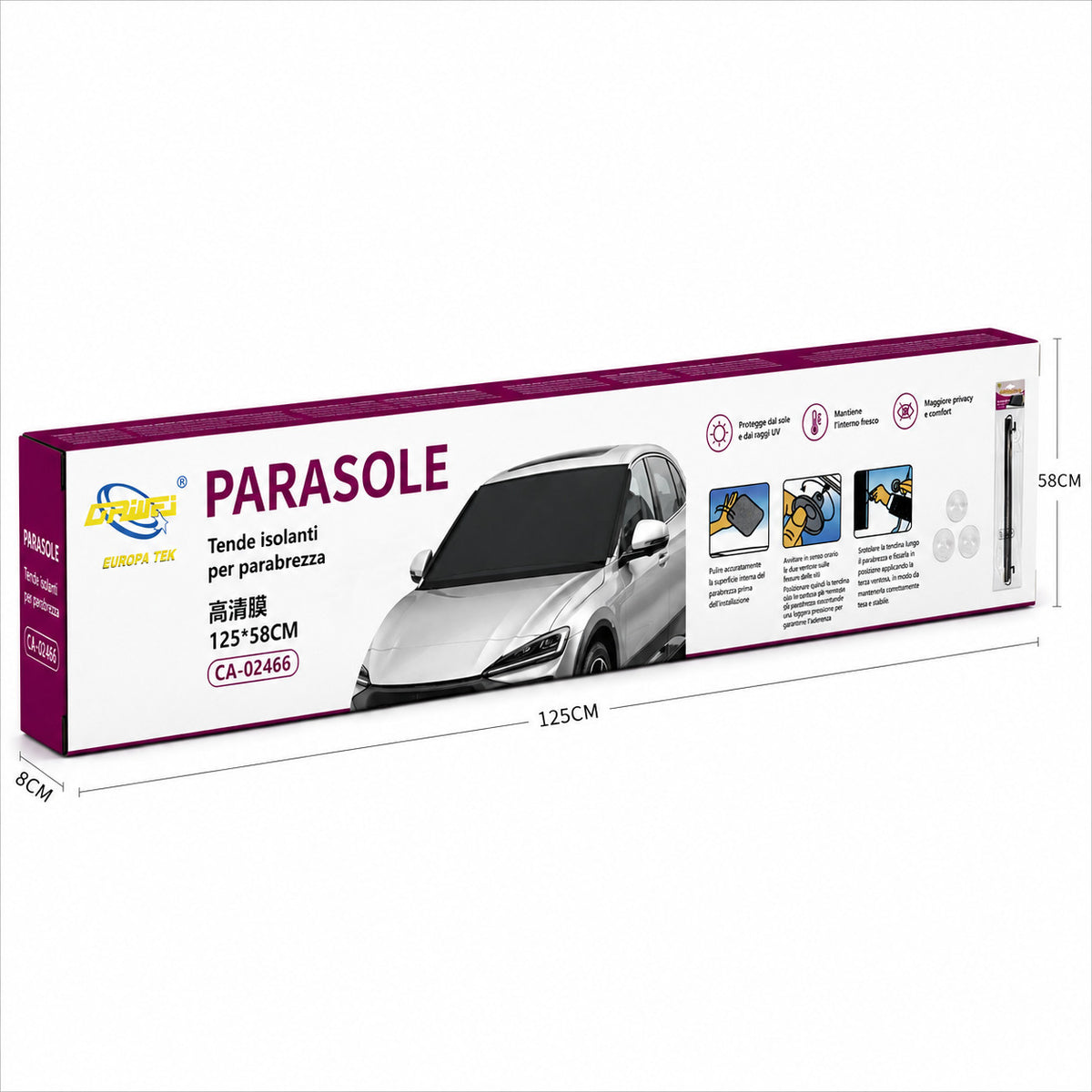 TENDINA PARASOLE AVVOLGIBILE PER AUTO 125x58CM PARABREZZA OSCURANTE CA-02466