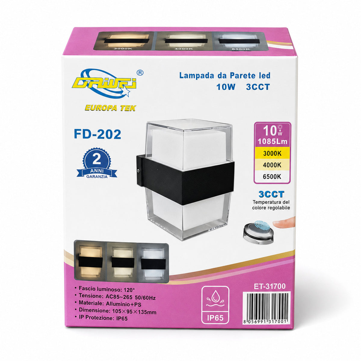 APPLIQUE LED 105W ESTERNO LAMPADA PARETE NERA IP65 3000K 4000K 6000K ET-31700