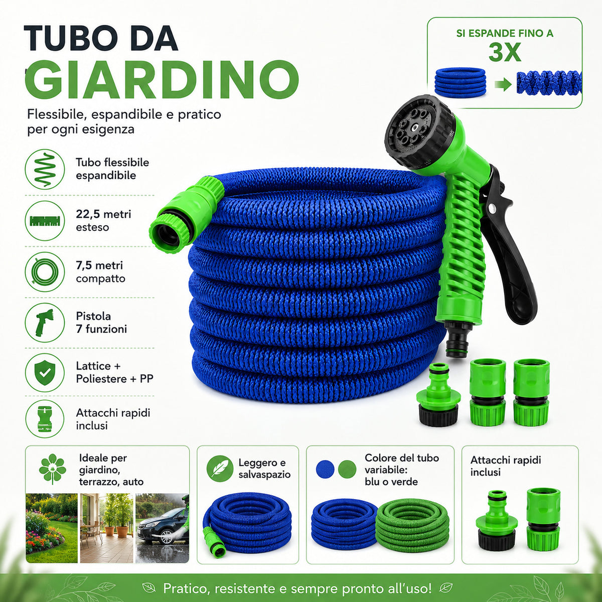 TUBO DA GIARDINO PIANTE FLESSIBILE ESTENSIBILE 22,5 METRI CON PISTOLA 7 FUNZIONI