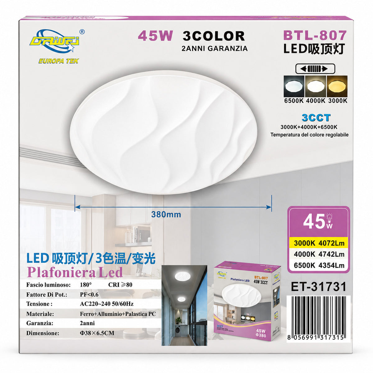 PLAFONIERA LED 45W 3CCT 38CM LAMPADA SOFFITTO LUCE 3000K 4000K 6500K ET-31731