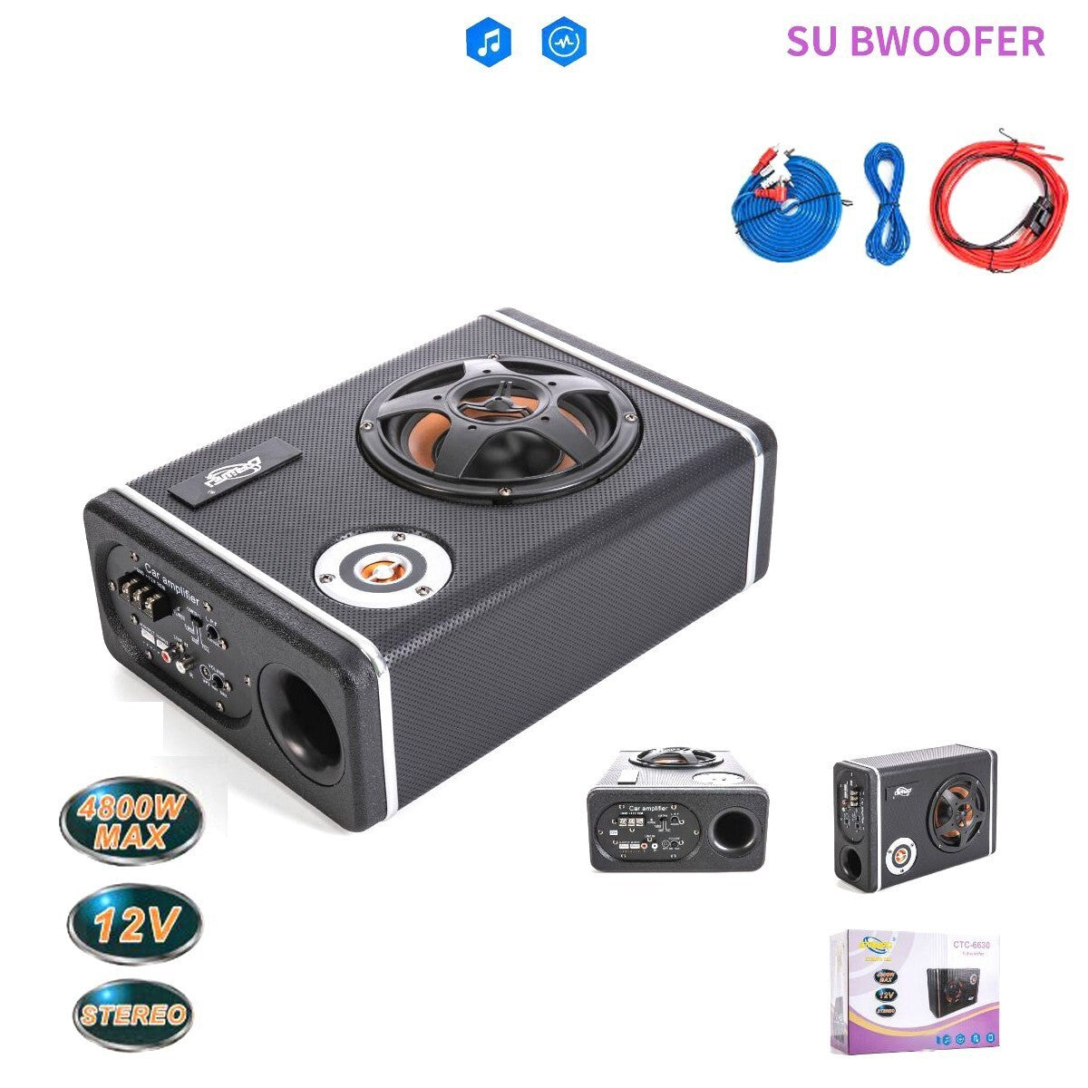 SUBWOOFER AUTO CASSA AMPLIFICATA 4800W AUX MP3 AMPLIFICATORE STEREO 12V CTC-6630