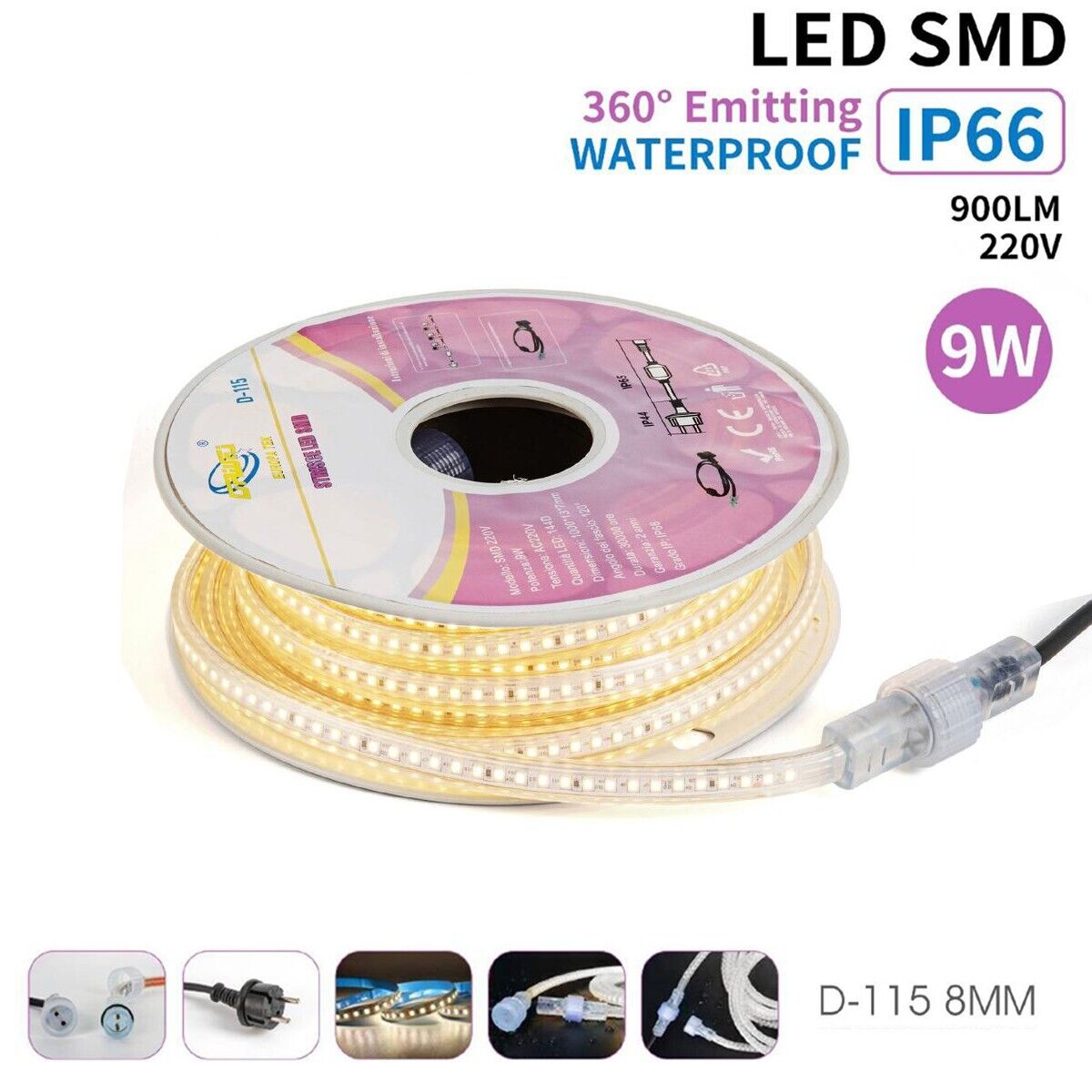 STRISCIA LED SMD 9W 10MT IP66 IMPERMEABILE LUCE BIANCO NATURALE ESTERNO INTERNO