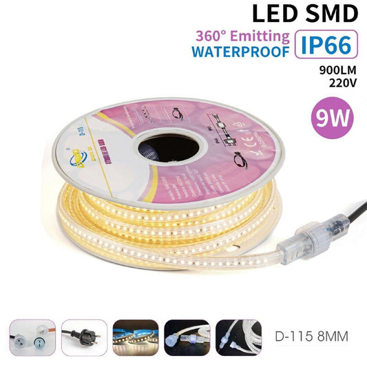 STRISCIA LED SMD 9W 10MT IP66 IMPERMEABILE LUCE BIANCO NATURALE ESTERNO INTERNO