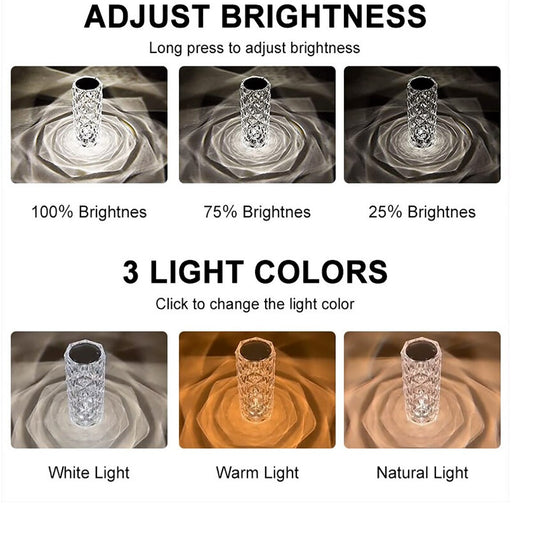 LAMPE DE TABLE LED RECHARGEABLE TYPE CRISTAL DIAMANT RECHARGEABLE TACTILE ROSE