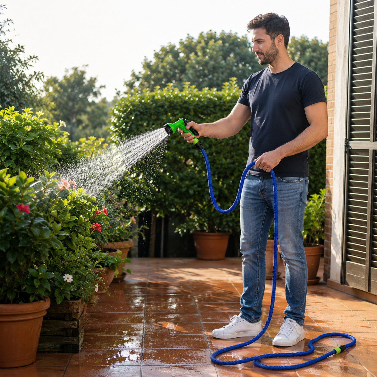 TUBO DA GIARDINO PIANTE FLESSIBILE ESTENSIBILE 22,5 METRI CON PISTOLA 7 FUNZIONI