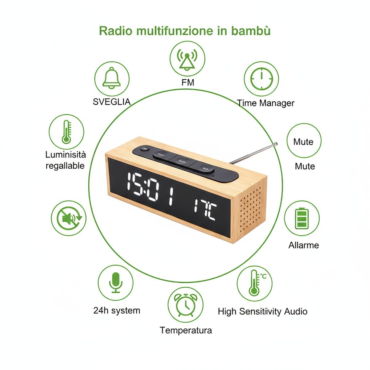 RADIO SVEGLIA OROLOGIO DIGITALE FM IN BAMBU DISPLAY LED EFFETTO LEGNO 24H 06726