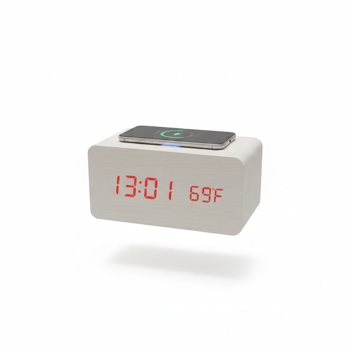 RÉVEIL NUMÉRIQUE MULTIFONCTION BOIS LED RECHARGE SANS FIL TEMPÉRATURE 06724