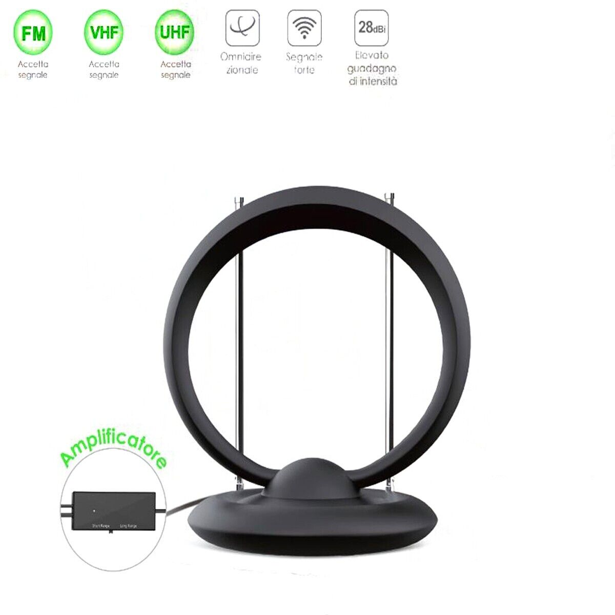 ANTENNA DIGITALE TERRESTRE TV INTERNA AMPLIFICATA VHF UHF FM PORTATILE DA CAMPER