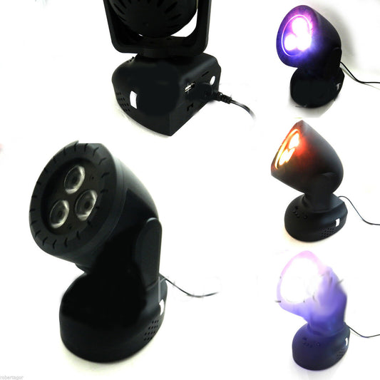 PROJECTEUR LED RGB TÊTE MOBILE ROTATIVE EFFETS DISCO 3 LED LECTEUR MP3 USB TF