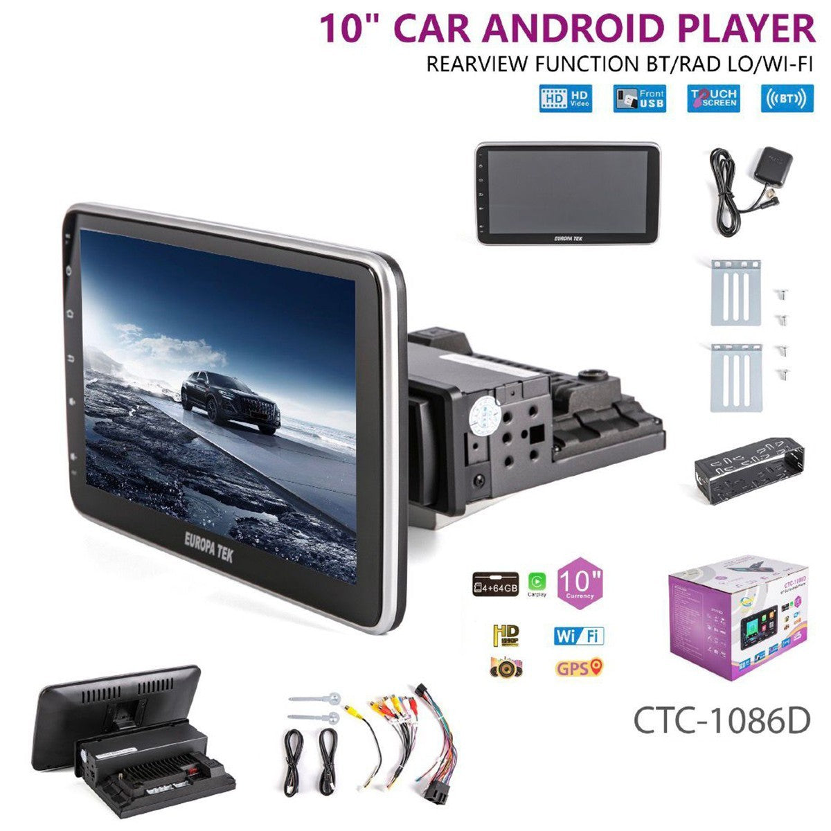 AUTORADIO ANDROID AUTO CARPLAY 10" WIFI GPS BT 4+64GB HD TOUCH SCREEN CTC-1086D