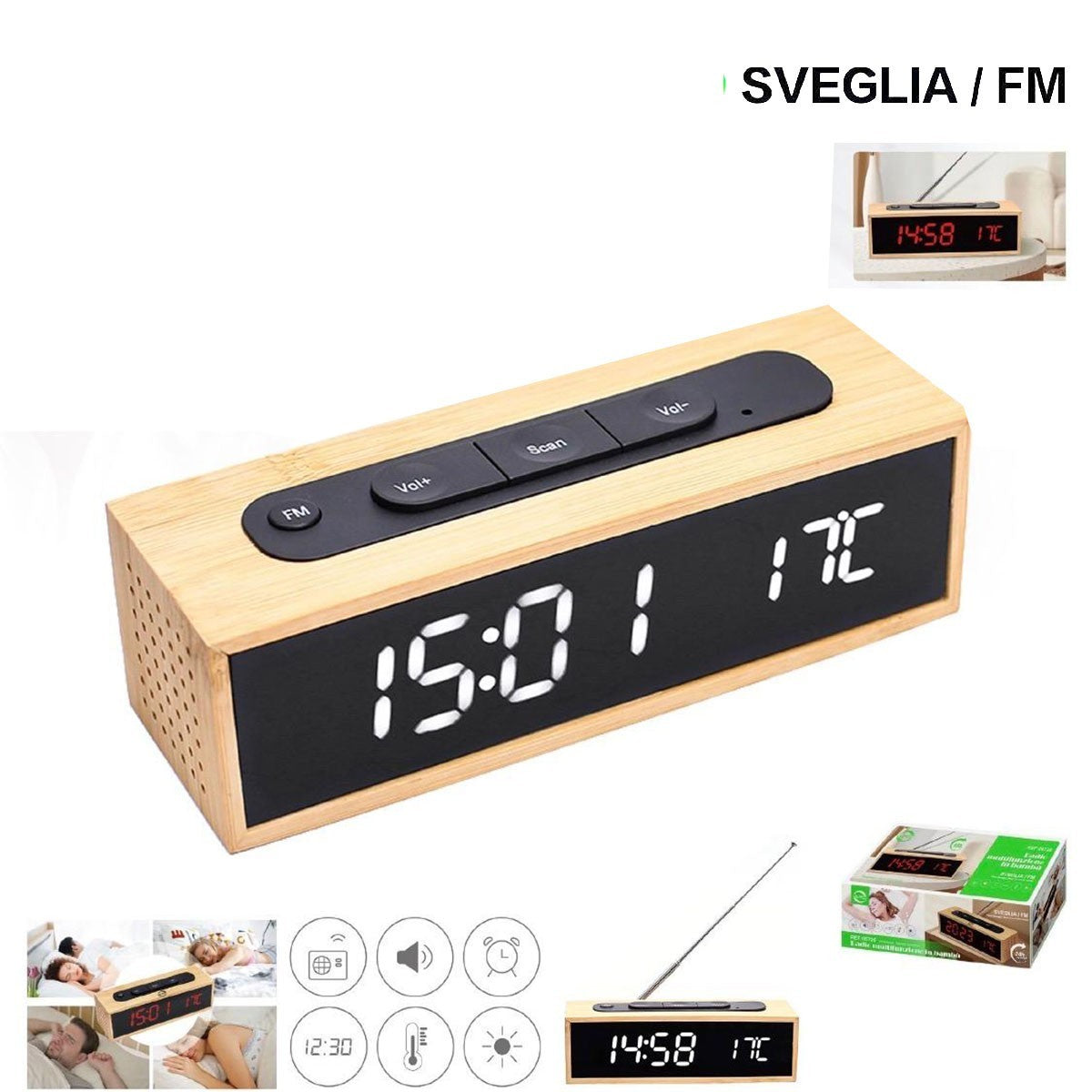RADIO SVEGLIA OROLOGIO DIGITALE FM IN BAMBU DISPLAY LED EFFETTO LEGNO 24H 06726