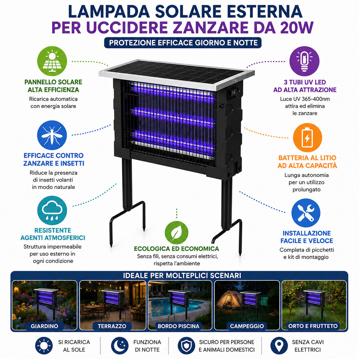 LAMPADA SOLARE ANTIZANZARE 20W UV ESTERNO UCCIDI INSETTI RICARICABILE IP65 04105