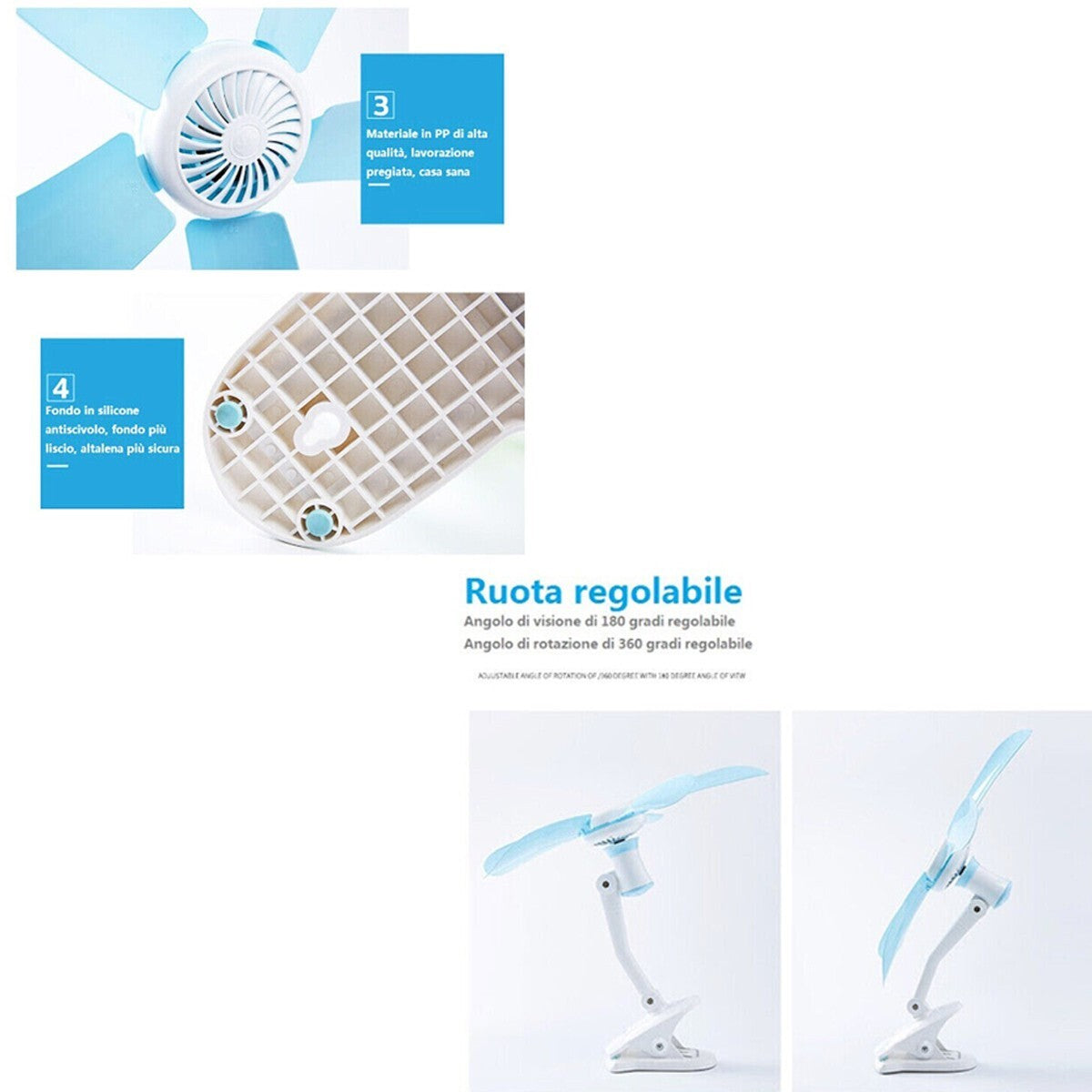 VENTILATORE A PINZA CON DOPPIO SNODO 5 PALE SCRIVANIA TAVOLO CASA UFFICIO HQ-599