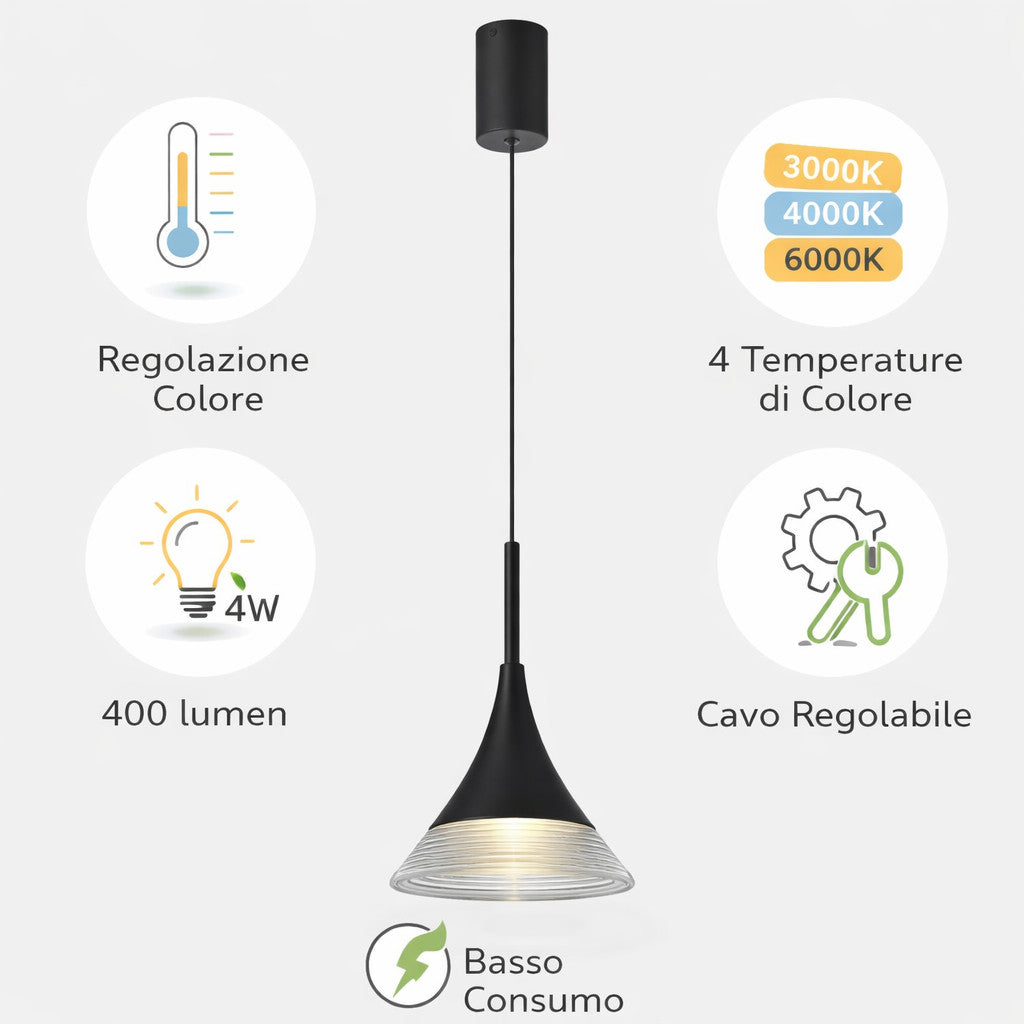LAMPADA SOSPENSIONE LED 4W REGOLABILE 3 COLORI 3000K 4000K 6000K 400LM LP013