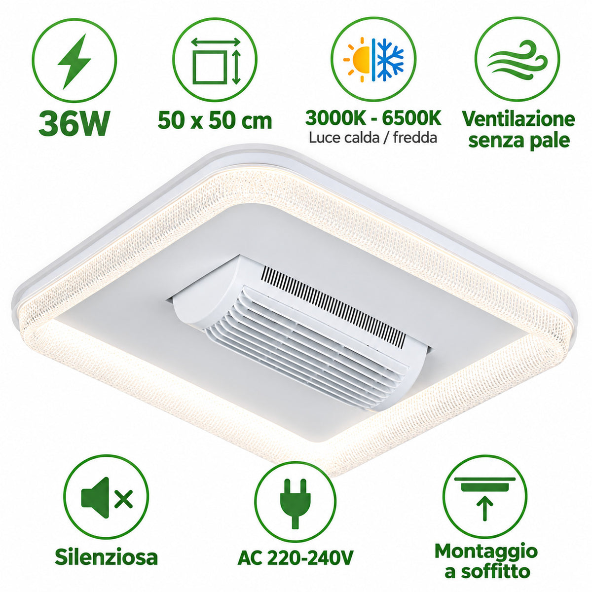 PLAFONIERA LED CON VENTILATORE 36W 500MM SENZA PALE LUCE CALDA FREDDA