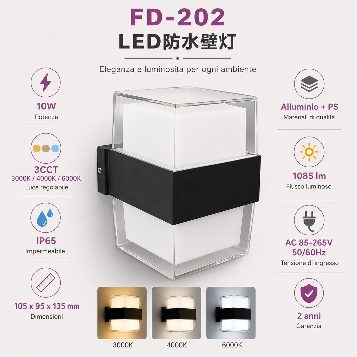 APPLIQUE LED 105W ESTERNO LAMPADA PARETE NERA IP65 3000K 4000K 6000K ET-31700
