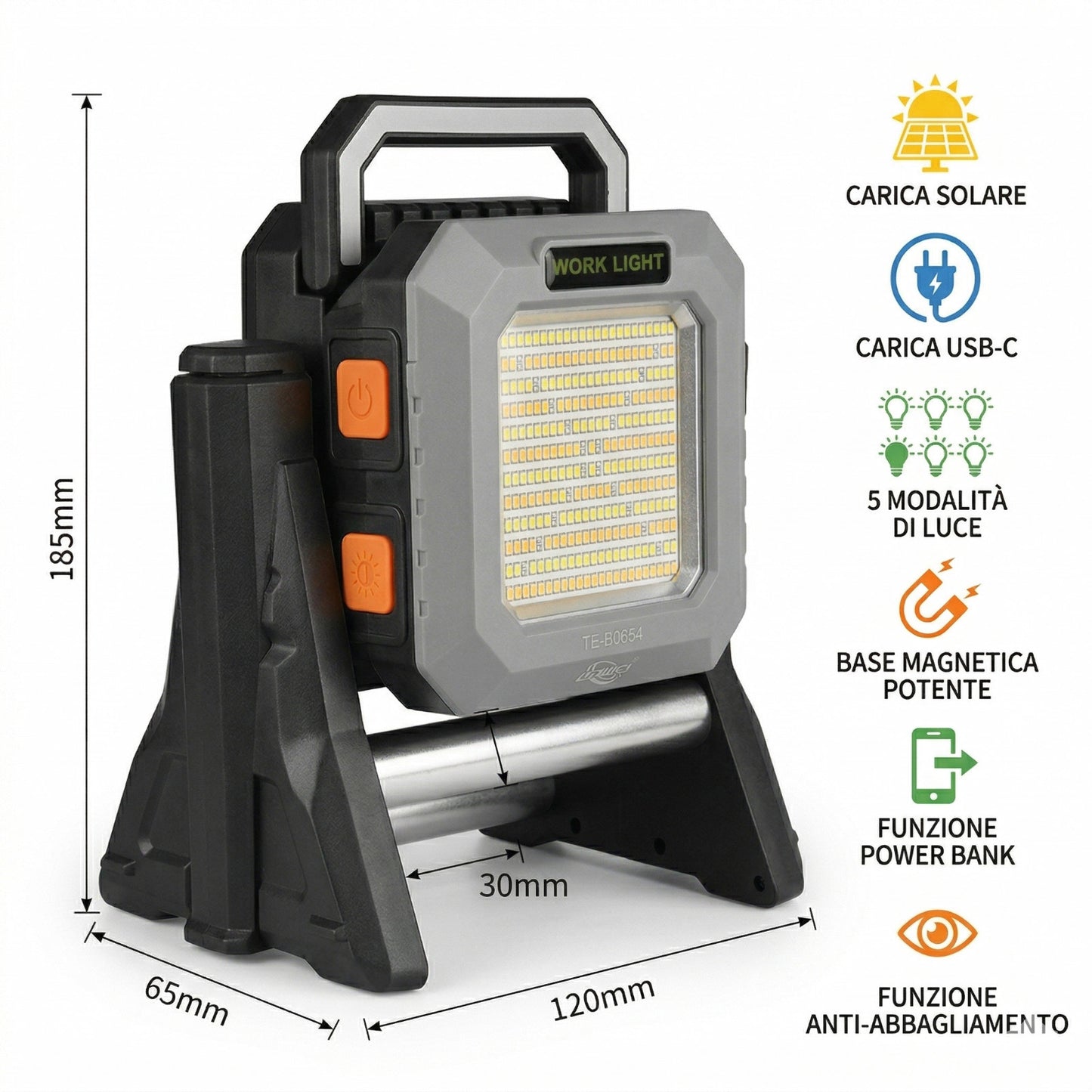 FARO LED LAVORO RICARICABILE USB 3000LM LUCE BIANCA GIALLA ROSSA PIANTANA 0654