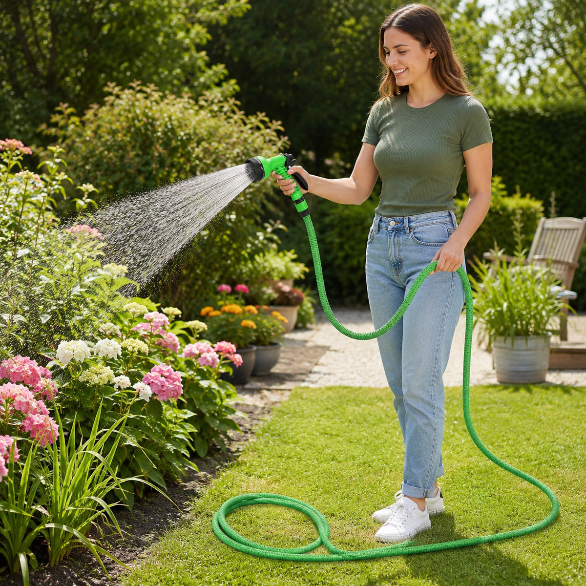 TUBO DA GIARDINO PIANTE FLESSIBILE ESTENSIBILE 15 METRI CON PISTOLA 7 FUNZIONI