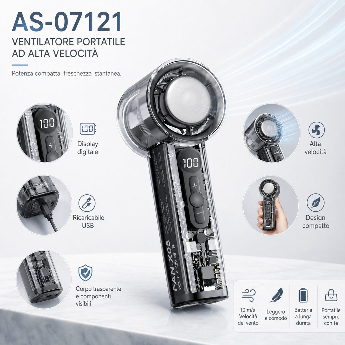 VENTILATEUR PORTABLE RECHARGEABLE VITESSE MINI USB AFFICHAGE NUMÉRIQUE AS-07121