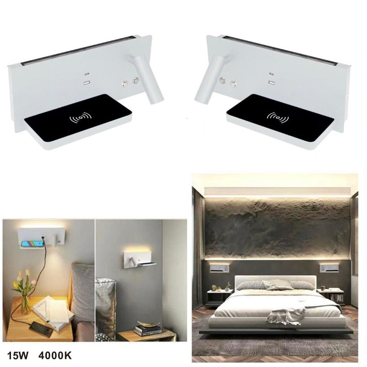 Paire d'appliques murales LED 4000K BLANC pour chevet, lecture, recharge sans fil