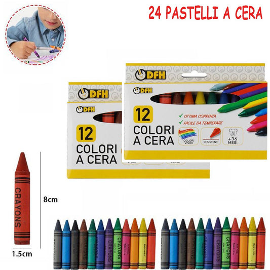 2 PACKS DE CRAYONS DE CIRE DE 12 COULEURS VIVES 24 AU TOTAL 8X1.5CM 58453