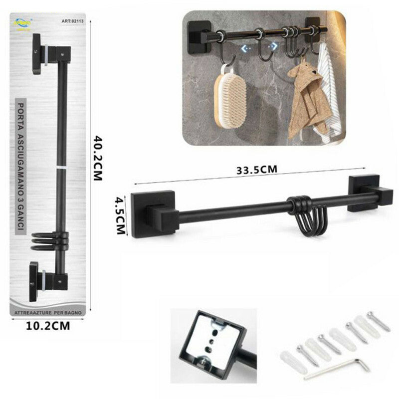 PORTA ASCIUGAMANI 3 GANCI SUPPORTO ARREDO BAGNO CASA CUCINA NERO 02113