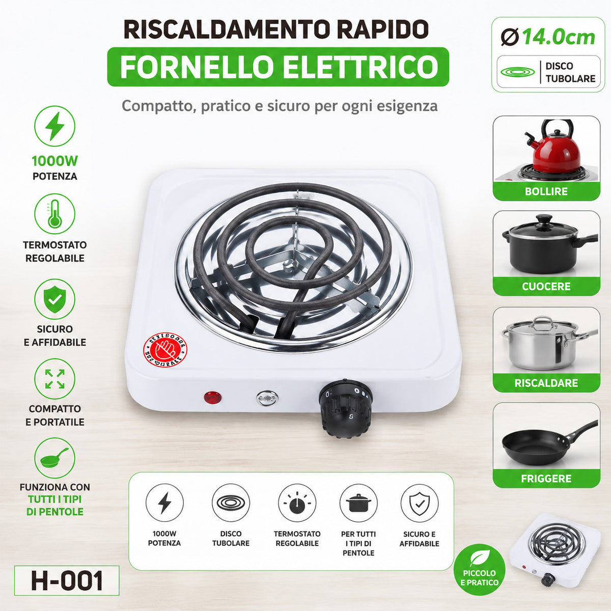 FORNELLO ELETTRICO SPIRALE 1000W CAMPEGGIO ACCIAIO PIASTRA TERMOSTATO 14CM H-001
