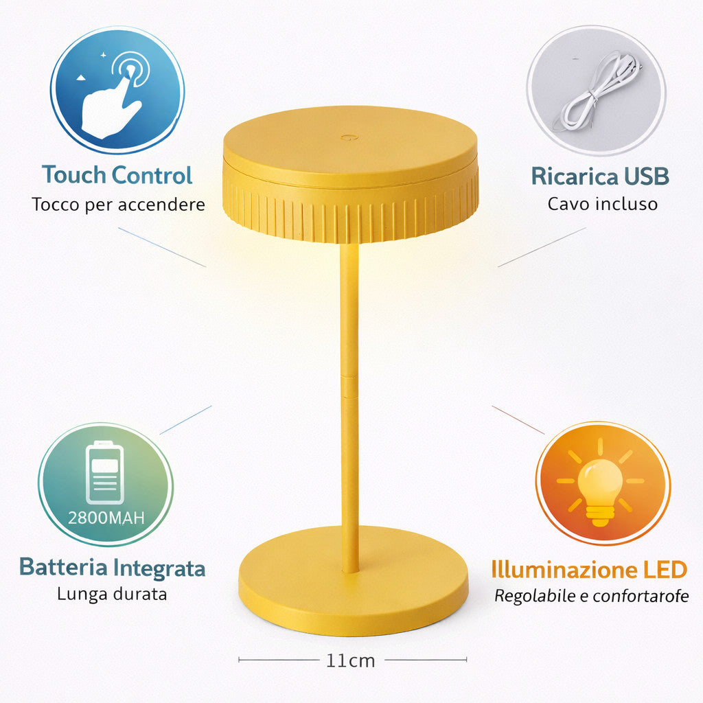 LAMPADA TAVOLO LED RICARICABILE TOUCH USB 2000MAH DESIGN MODERNO GIALLO LPT146