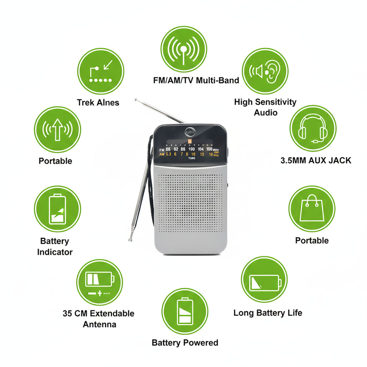 RADIO PORTATILE FM AM DUE BANDE CON ANTENNA TELESCOPICA 35 CM AUX JACK AS-07102