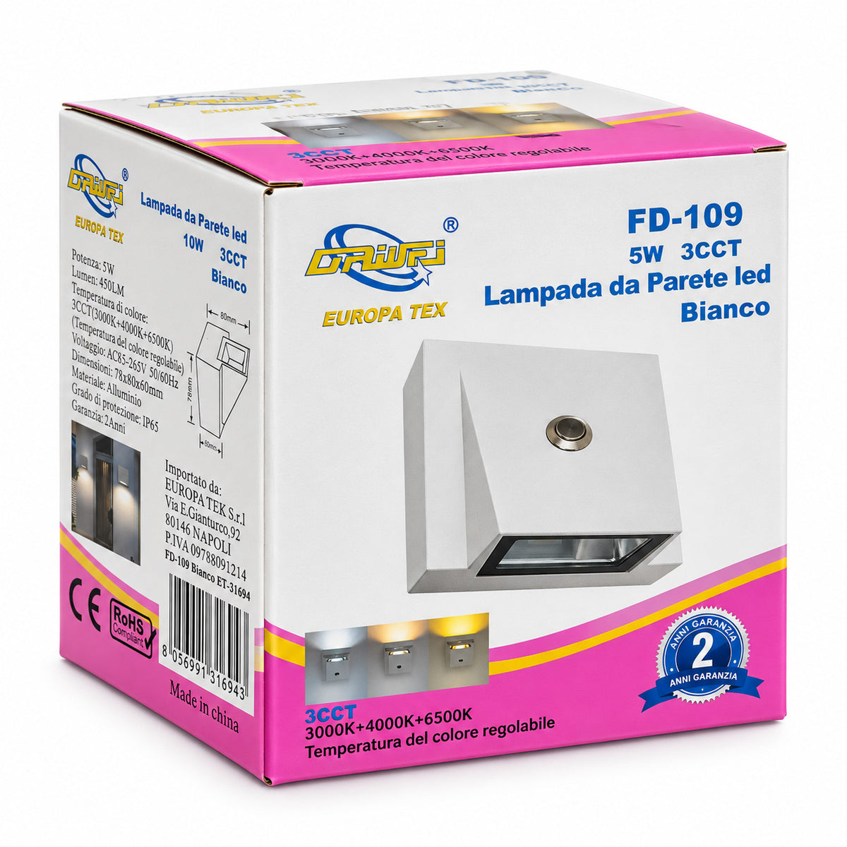 APPLIQUE LED 5W ESTERNO LAMPADA PARETE BIANCA IP65 3000K 4000K 6000K ET-31694