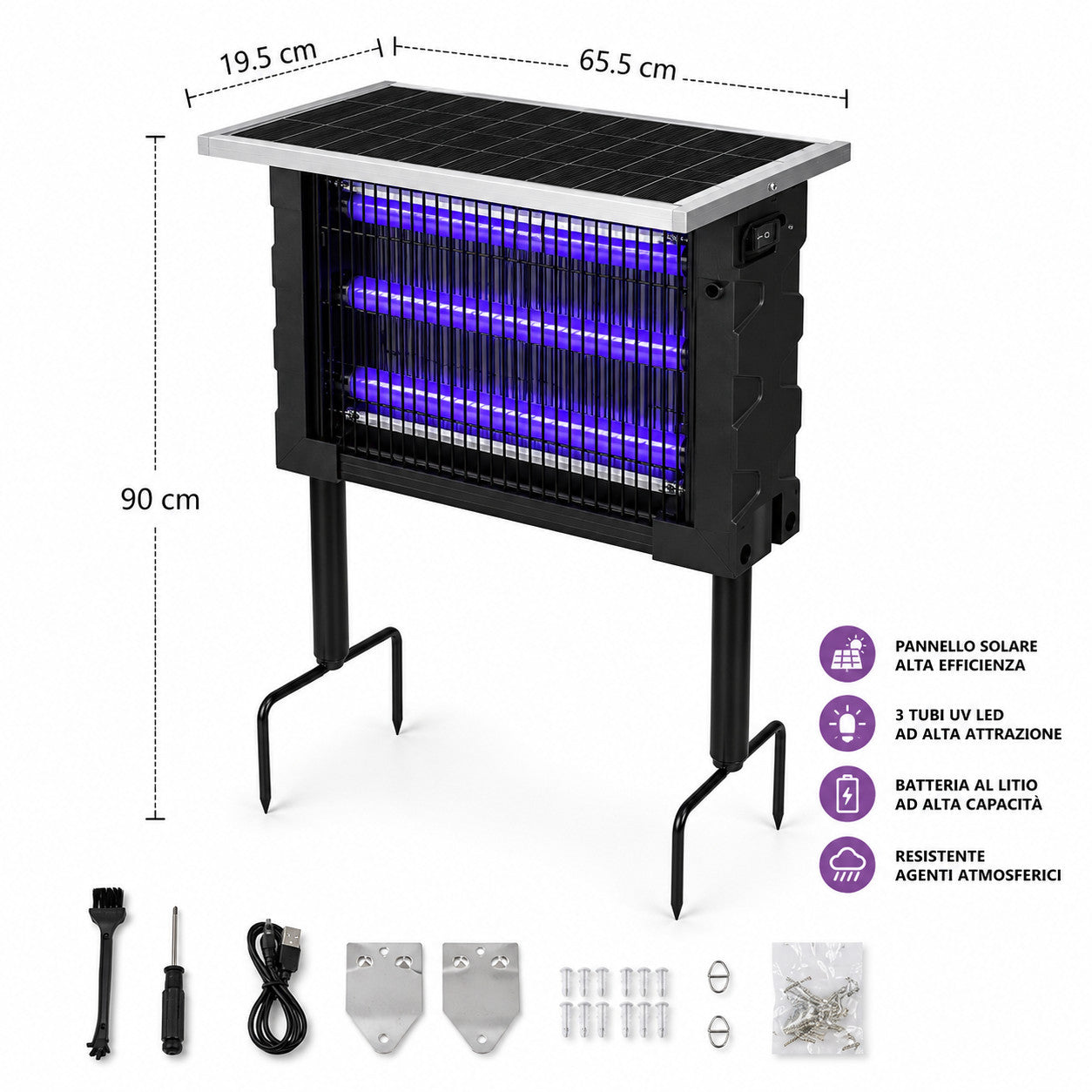 LAMPADA SOLARE ANTIZANZARE 20W UV ESTERNO UCCIDI INSETTI RICARICABILE IP65 04105