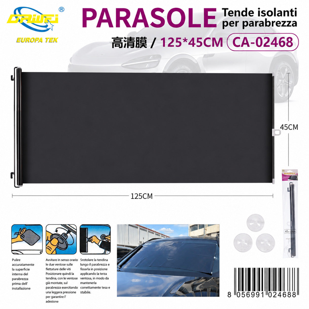 PARE-SOLEIL ENROULABLE POUR VOITURE 125x45CM PARE-BRISE OCCULTANT CA-02468
