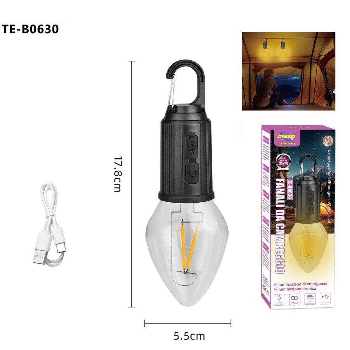 LAMPADA LED CAMPEGGIO USB RICARICABILE CON GANCIO PORTATILE LUCE EMERGENZA B0630