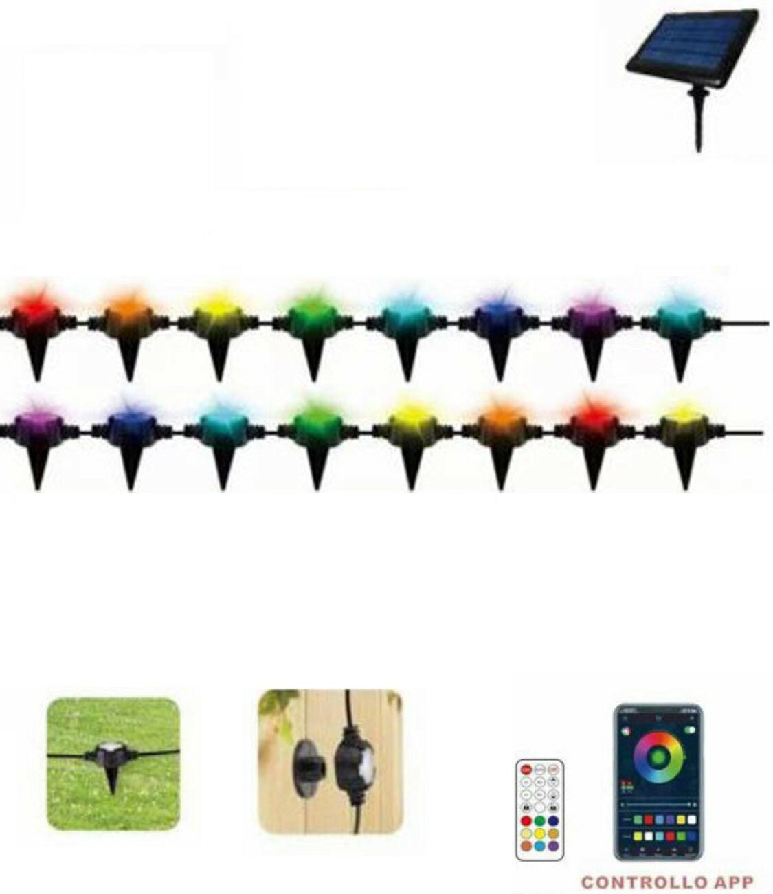 GUIRLANDE LED INTELLIGENTE RVB BALISE SOL EXTERIEUR SOLAIRE 16 AMPOULES IP65 F16C