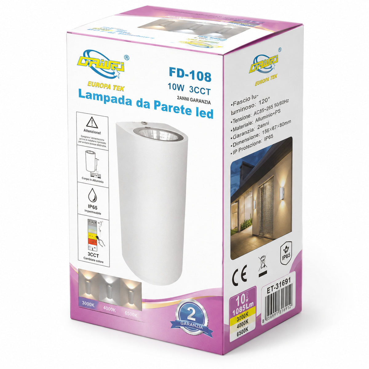 APPLIQUE LED 10W ESTERNO LAMPADA PARETE BIANCA IP65 3000K 4000K 6000K ET-31691