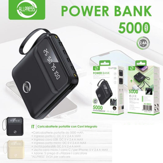 POWER BANK 5000 MAH DISPLAY LED CAVI INTEGRATI USB MICRO USB TYPE C SMARTPHONE