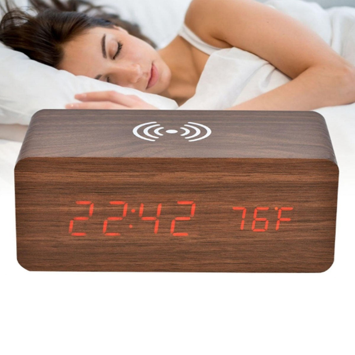 RÉVEIL NUMÉRIQUE MULTIFONCTION BOIS LED RECHARGE SANS FIL TEMPÉRATURE 06724