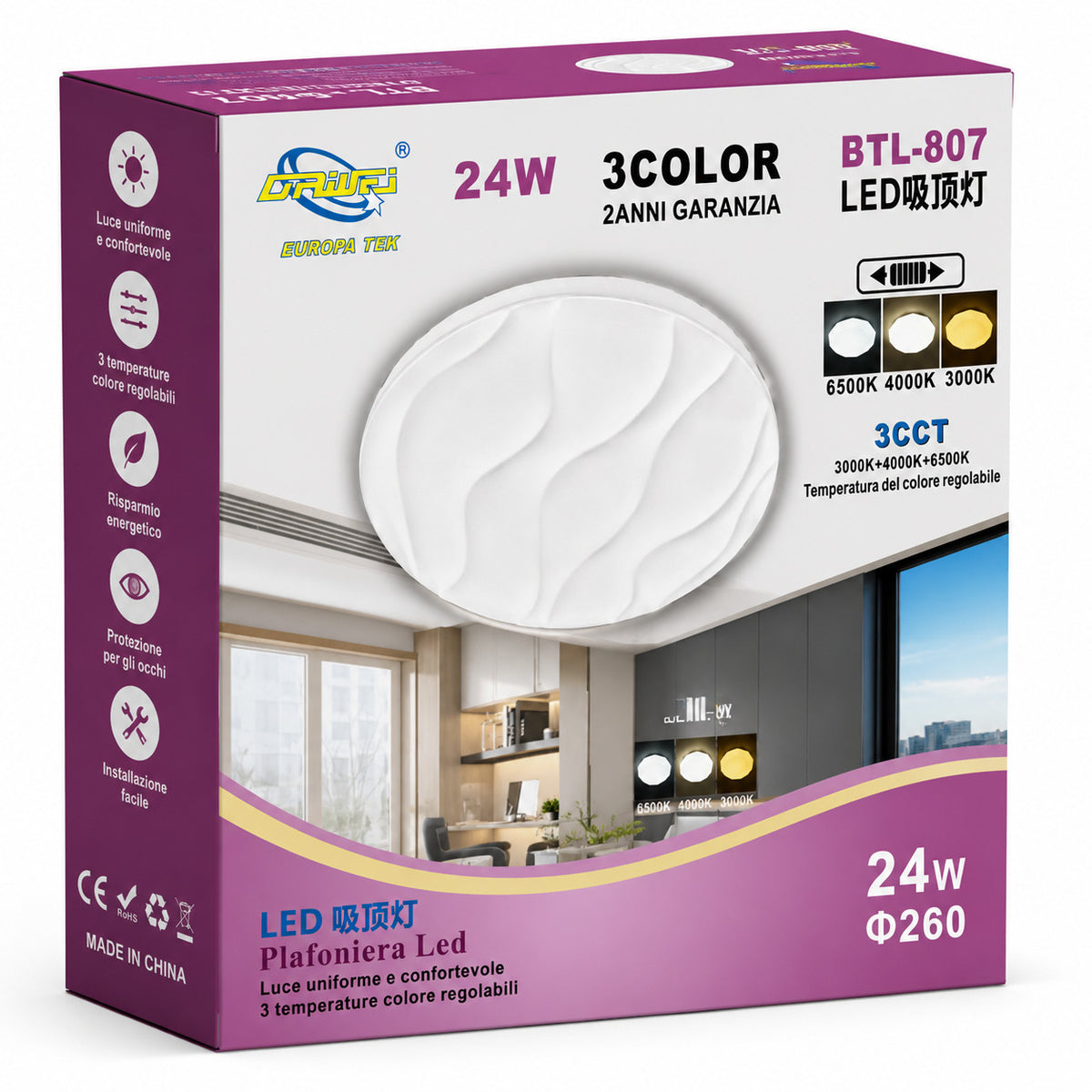 PLAFONIERA LED 24W 3CCT 26CM LAMPADA SOFFITTO LUCE 3000K 4000K 6500K ET-31729