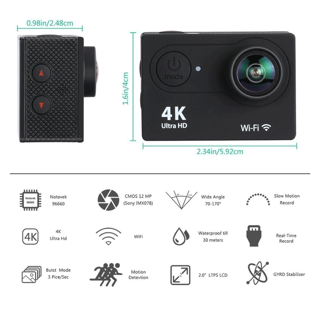 ACTION CAM 4K SPORTS ULTRA HD DV 30 METRI 16 Mp CAMERA FOTOCAMERA WATERPROOF