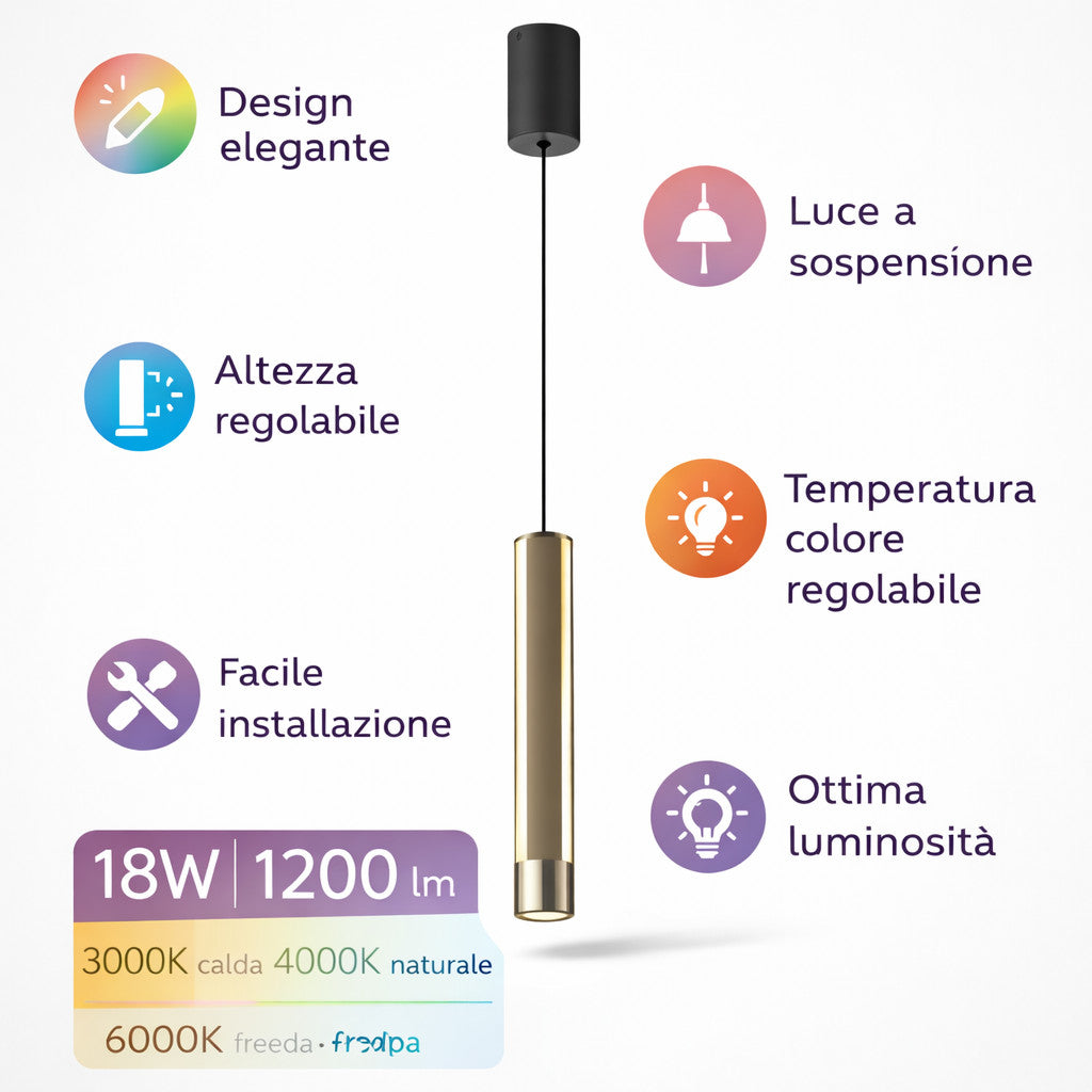 LAMPADA SOSPENSIONE LED 18W REGOLABILE 3 COLORI 3000K 4000K 6000K 1200LM LP002