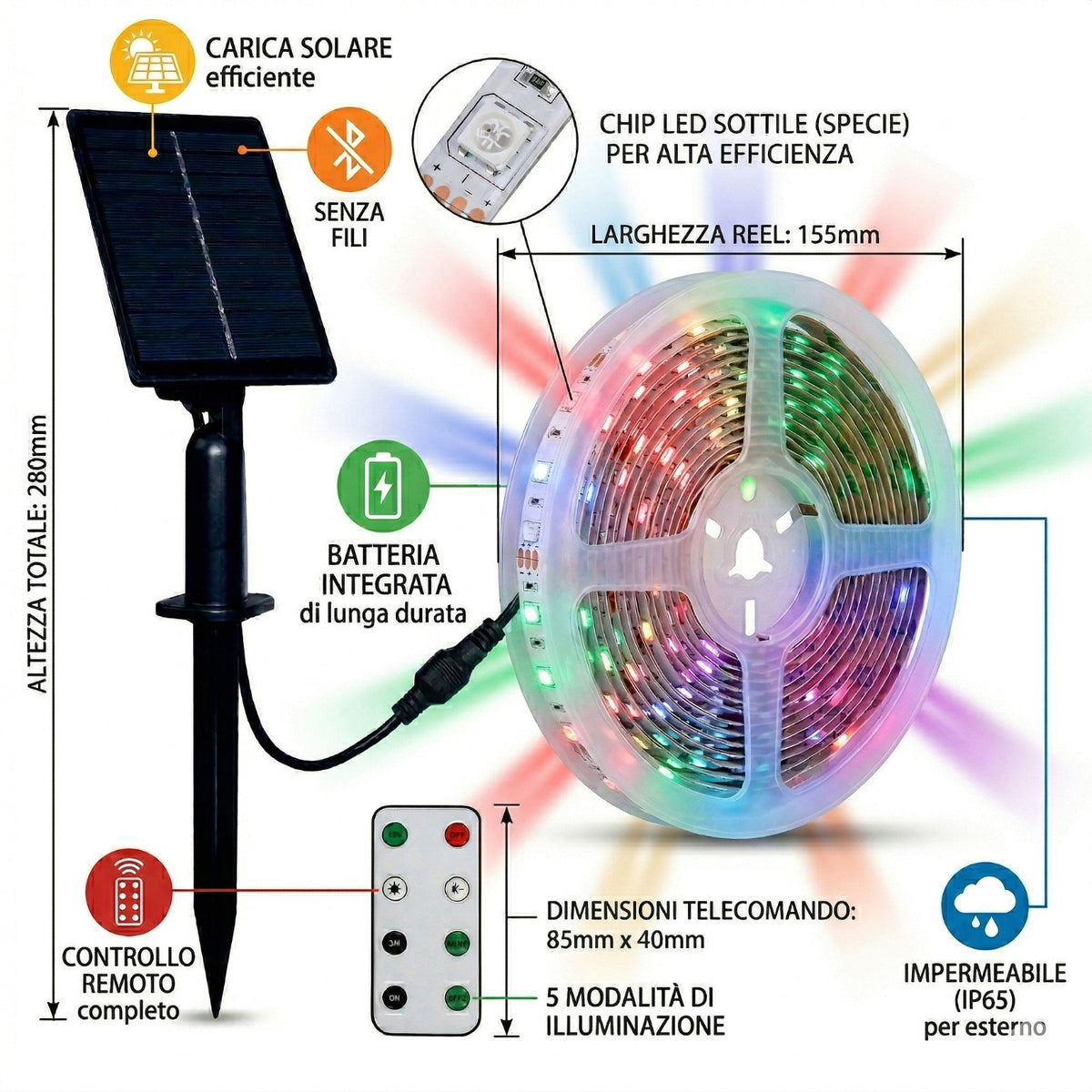 BANDE LED SOLAIRE RGB 5 MÈTRES AVEC TÉLÉCOMMANDE MULTICOLORE RGB EXTÉRIEURE ET-31610