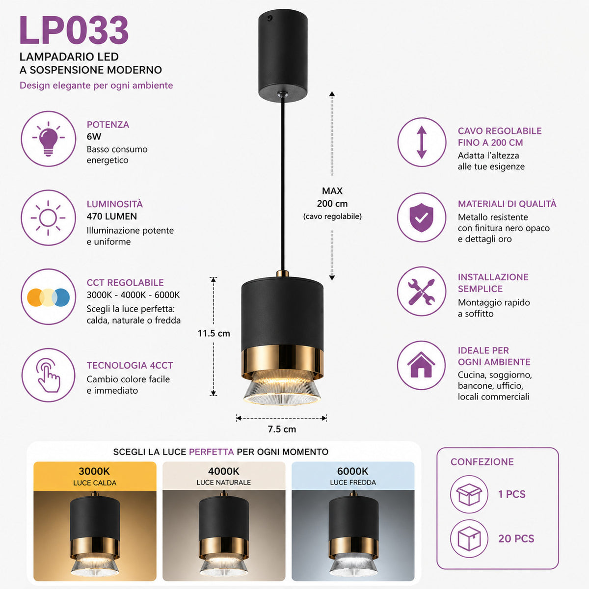 LAMPADARIO LED A SOSPENSIONE MODERNO NERO OPACO ORO REGOLABILE 3000K-6000K LP033