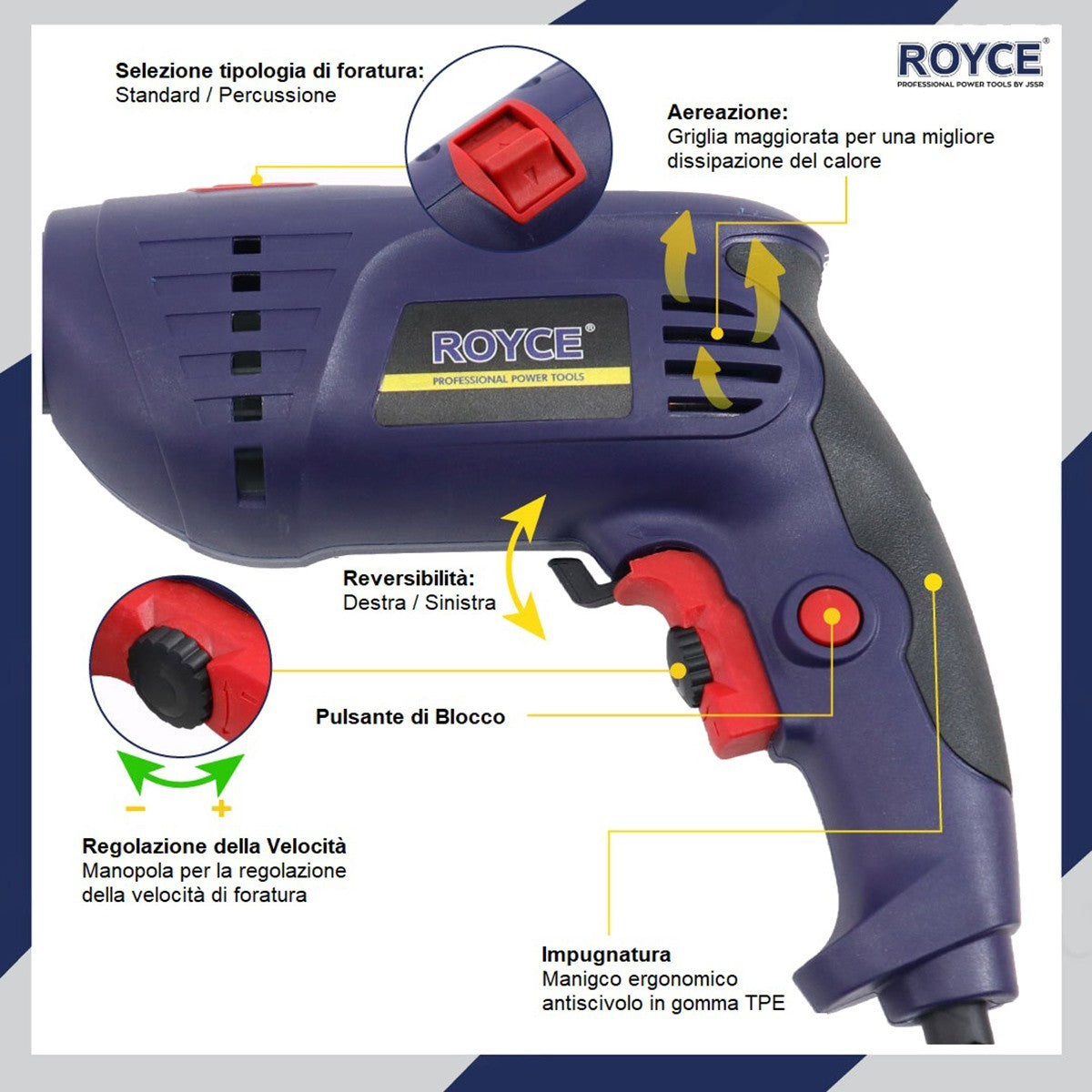 TRAPANO A PERCUSSIONE ROYCE RID-650 650W REVERSIBILE MANDRINO 1,5-13MM RE10222