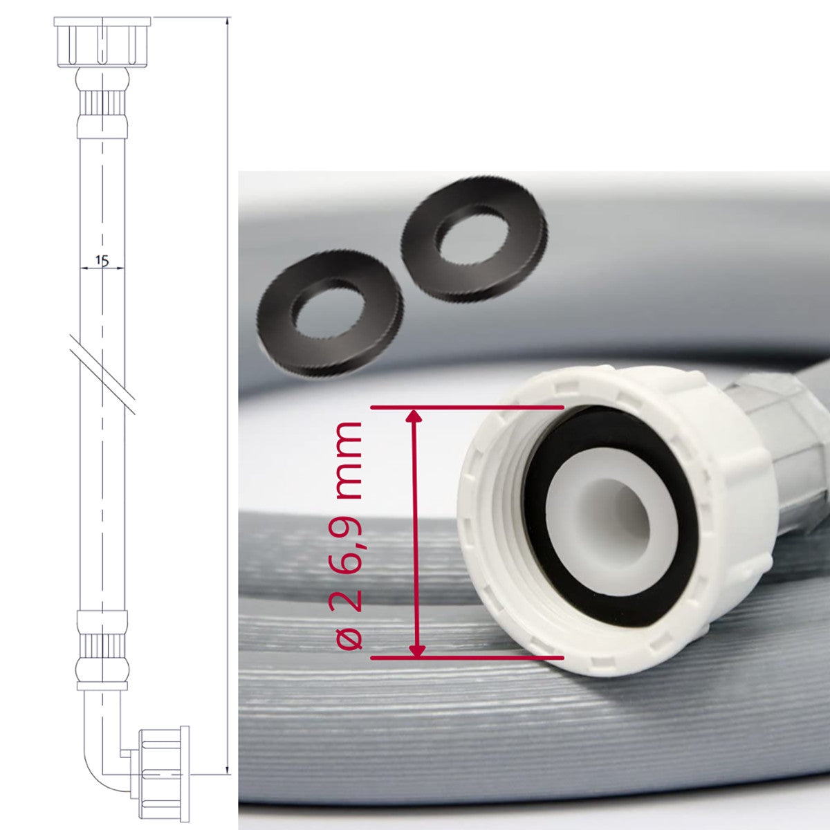 TUYAU MACHINE À LAVER LAVE-VAISSELLE D'ALIMENTATION COUDÉ 90° 3/4" 200CM ÉCROU PVC