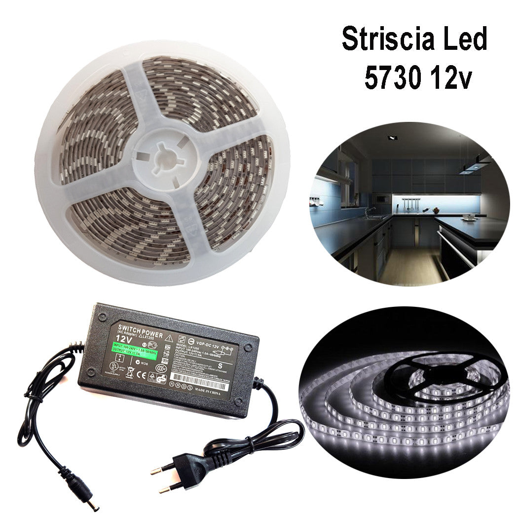 BANDE LED 5730 5M ADHÉSIVE LUMIÈRE IP65 ALIMENTATION 12V 5A BLANC FROID 12W/M